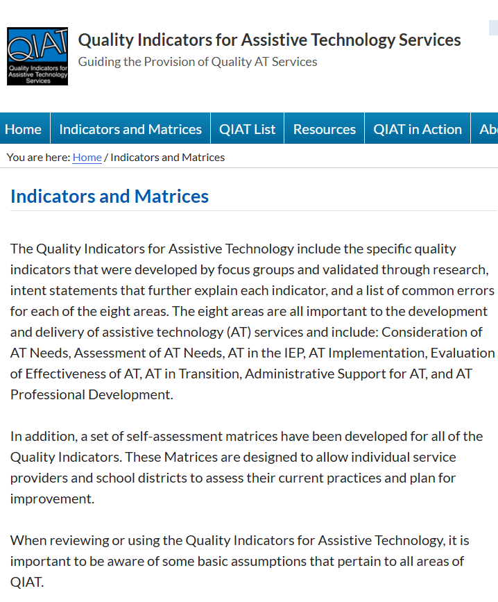 Quality Indicators for Assistive Technology: Indicators and Matrices