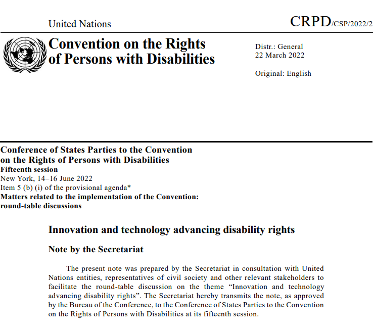 Innovation and technology advancing disability rights : note / by Secretariat