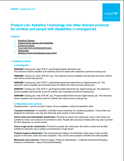 Product List: Assistive Technology and other relevant products for children and people with disabilities in emergencies