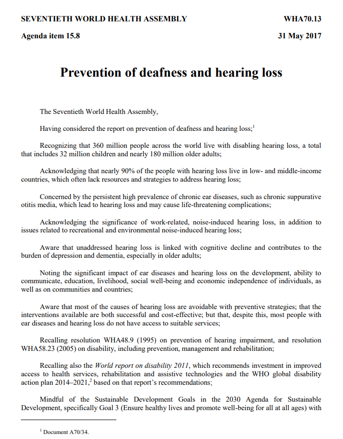 World Health Assembly (WHA) Resolution 70.13: Prevention of deafness and hearing loss