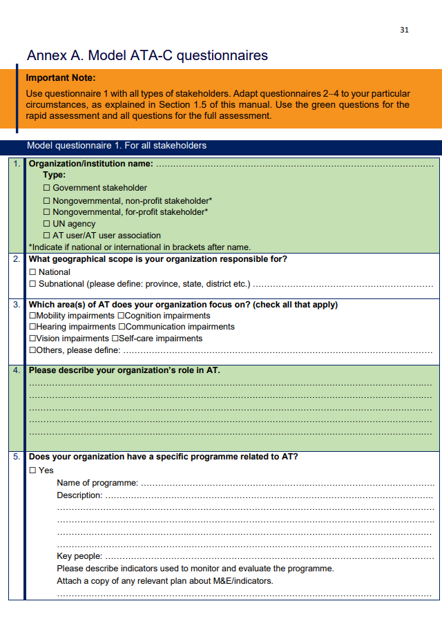 Assistive technology capacity assessment (ATA-C): Annex A ATA-C model questionaire
