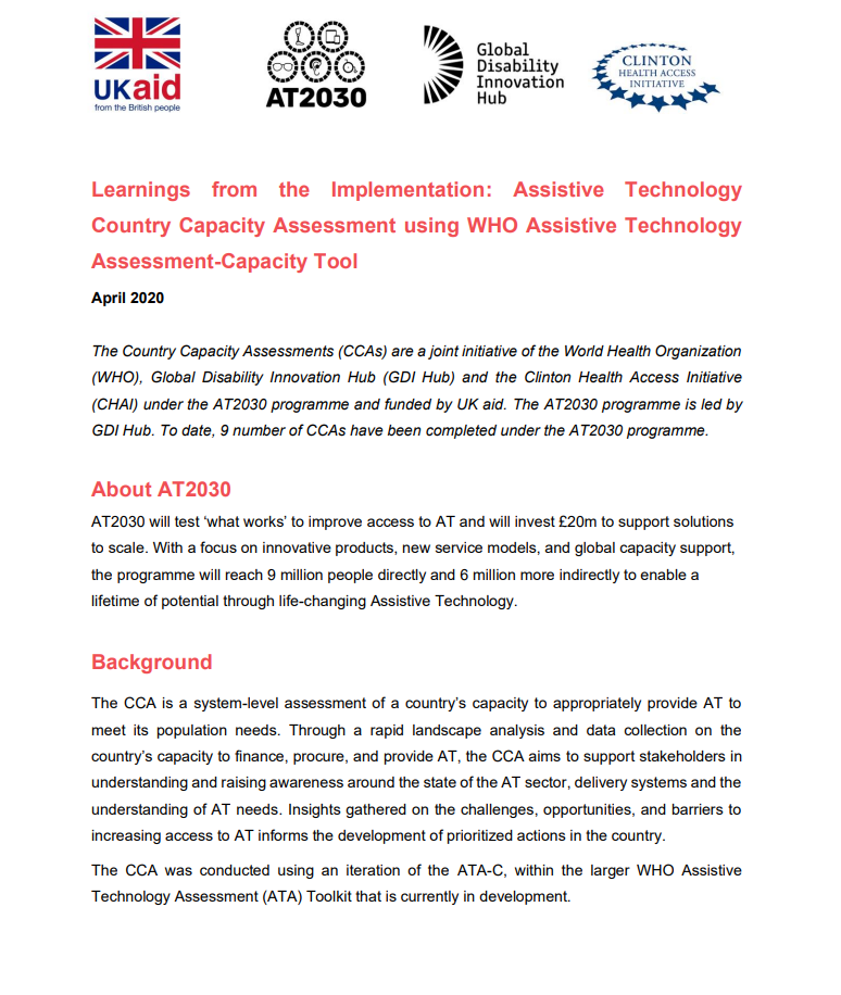 Learnings from the Implementation: Assistive Technology Country Capacity Assessment using WHO Assistive Technology Assessment-Capacity Tool