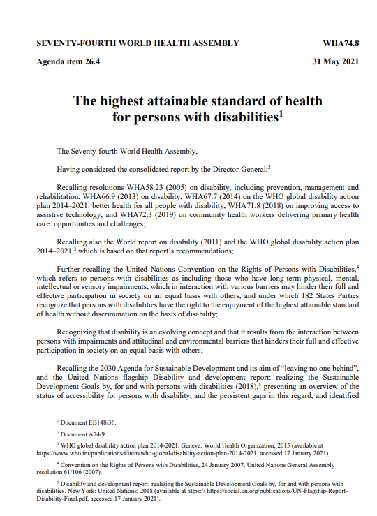World Health Assembly (WHA) Resolution 74.8: The highest attainable standard of health for persons with disabilities