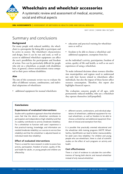 Wheelchairs and wheelchair accessories. An SBU Assessment