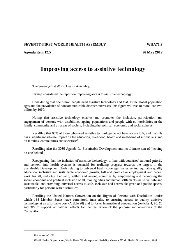 World Health Assembly (WHA) Resolution: Improving access to assistive technology 